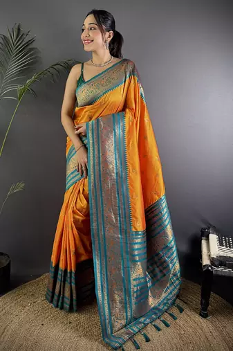 Orange silk blend butti zari weaving banarasi saree with woven saree