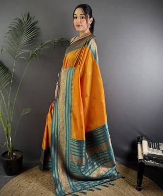 Orange silk blend butti zari weaving banarasi saree with woven saree 2