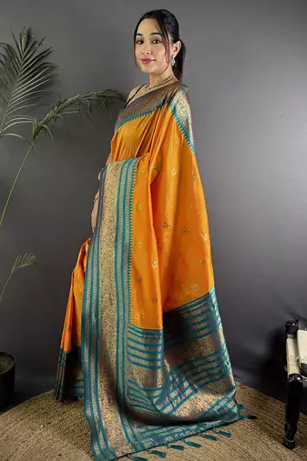 Orange silk blend butti zari weaving banarasi saree with woven saree