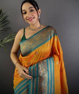 Orange silk blend butti zari weaving banarasi saree with woven saree 3