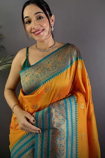 Orange silk blend butti zari weaving banarasi saree with woven saree