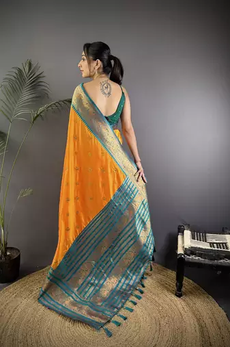 Orange silk blend butti zari weaving banarasi saree with woven saree
