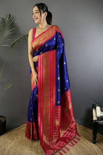Navy blue silk blend butti zari weaving banarasi saree with woven saree