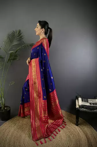 Navy blue silk blend butti zari weaving banarasi saree with woven saree
