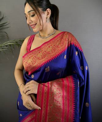 Navy blue silk blend butti zari weaving banarasi saree with woven saree 3