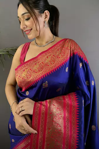 Navy blue silk blend butti zari weaving banarasi saree with woven saree