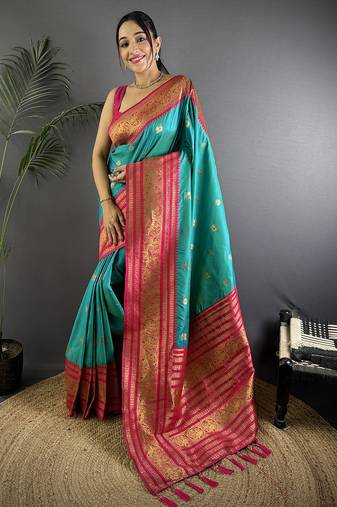 Turquoise silk blend butti zari weaving banarasi saree with woven saree