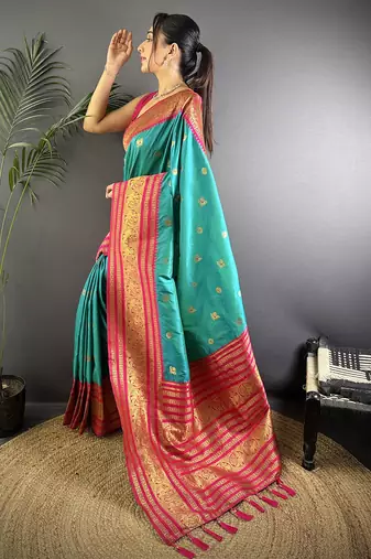 Turquoise silk blend butti zari weaving banarasi saree with woven saree