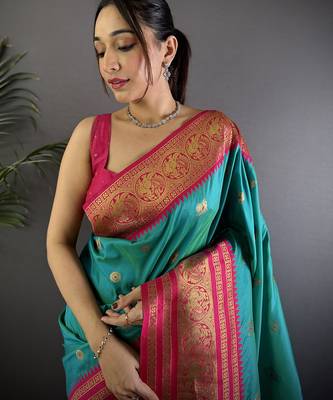 Turquoise silk blend butti zari weaving banarasi saree with woven saree 3