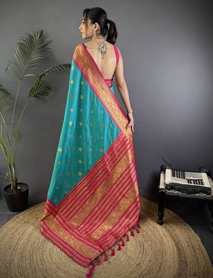 Turquoise silk blend butti zari weaving banarasi saree with woven saree 4
