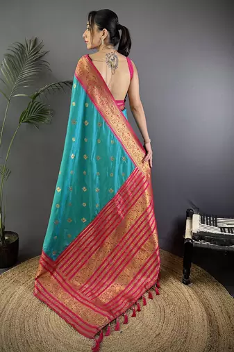 Turquoise silk blend butti zari weaving banarasi saree with woven saree