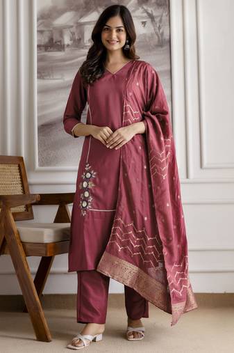 Maroon BSY Chinon Embroidery Kurta Pant with Dupatta Set 