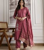Trendmalls Maroon BSY Chinon Embroidery Kurta Pant with Dupatta Set 
