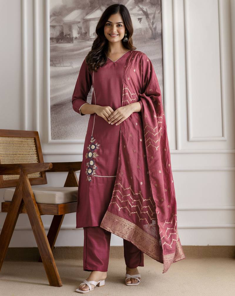 Maroon BSY Chinon Embroidery Kurta Pant with Dupatta Set 