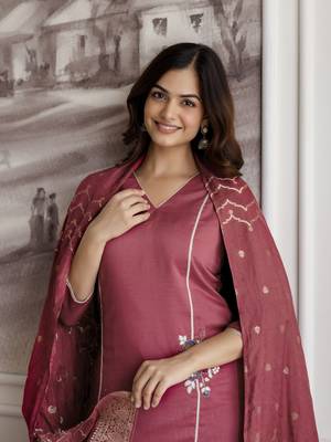 Trendmalls Maroon BSY Chinon Embroidery Kurta Pant with Dupatta Set  5