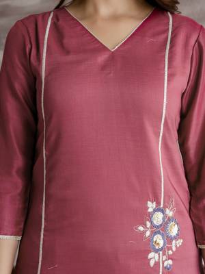 Trendmalls Maroon BSY Chinon Embroidery Kurta Pant with Dupatta Set  6
