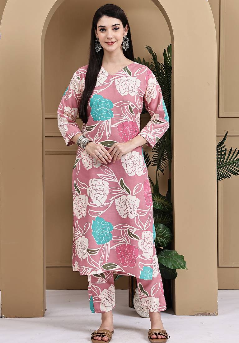 Women's cotton floral printed kurta with pant