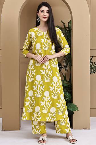 Women's cotton botanical floral printed kurta with pant