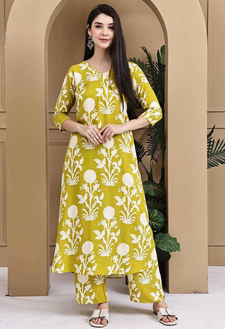 Women's cotton botanical floral printed kurta with pant
