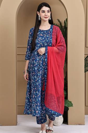 Women's cotton floral printed kurta & pant with dupatta