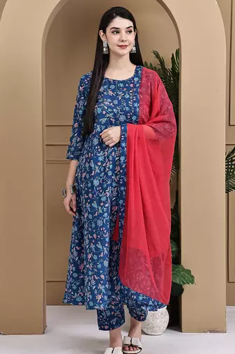 Women's cotton floral printed kurta & pant with dupatta