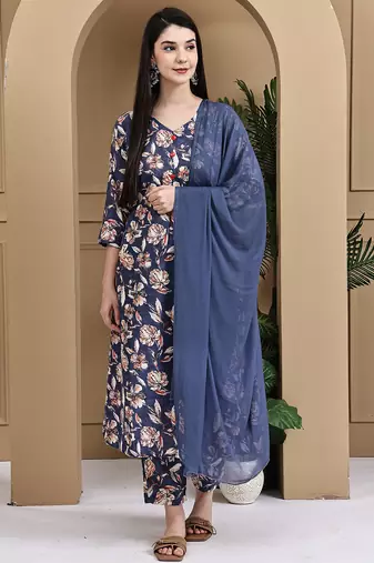 Women's cotton blend  floral printed kurta & pant with dupatta