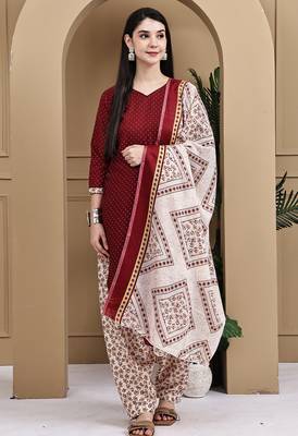 Maroon cotton blend printed ready to wear patiala salwar suit 1