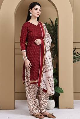Maroon cotton blend printed ready to wear patiala salwar suit 3