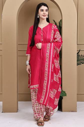 Pink cotton blend printed ready to wear patiala salwar suit