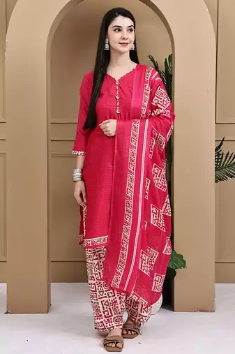Pink cotton blend printed ready to wear patiala salwar suit