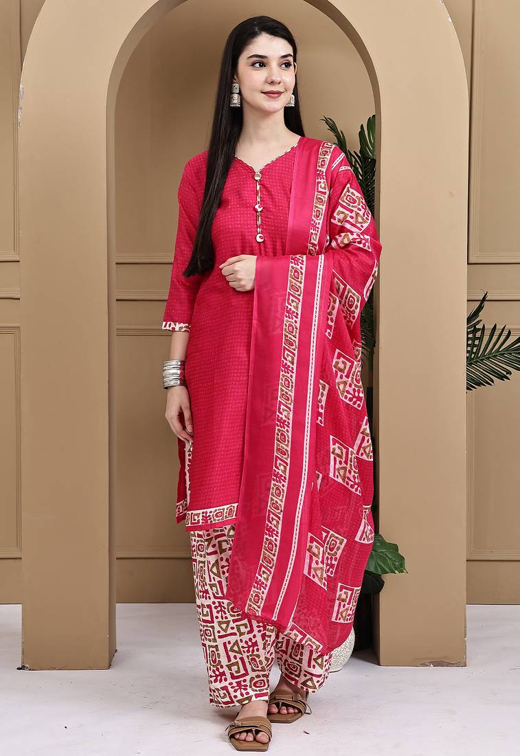 Pink cotton blend printed ready to wear patiala salwar suit