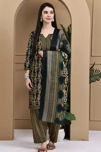 Green cotton blend printed ready to wear patiala salwar suit