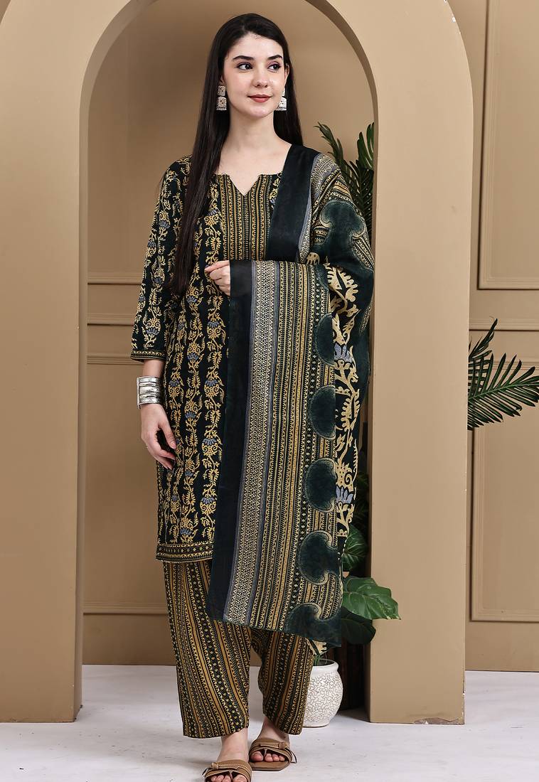 Green cotton blend printed ready to wear patiala salwar suit