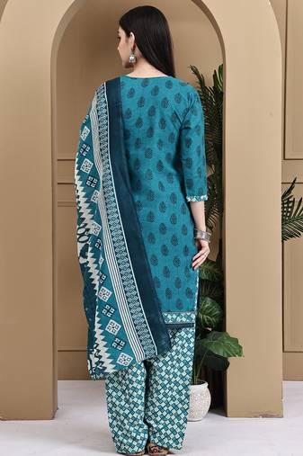 Teal green cotton blend printed ready to wear patiala salwar suit