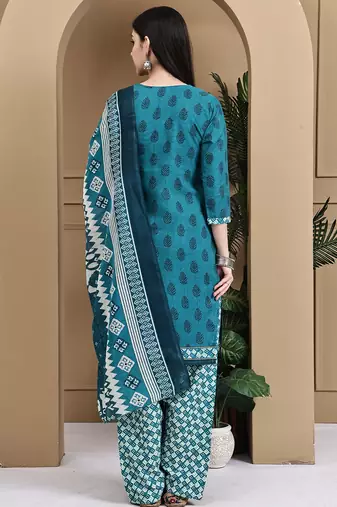 Teal green cotton blend printed ready to wear patiala salwar suit