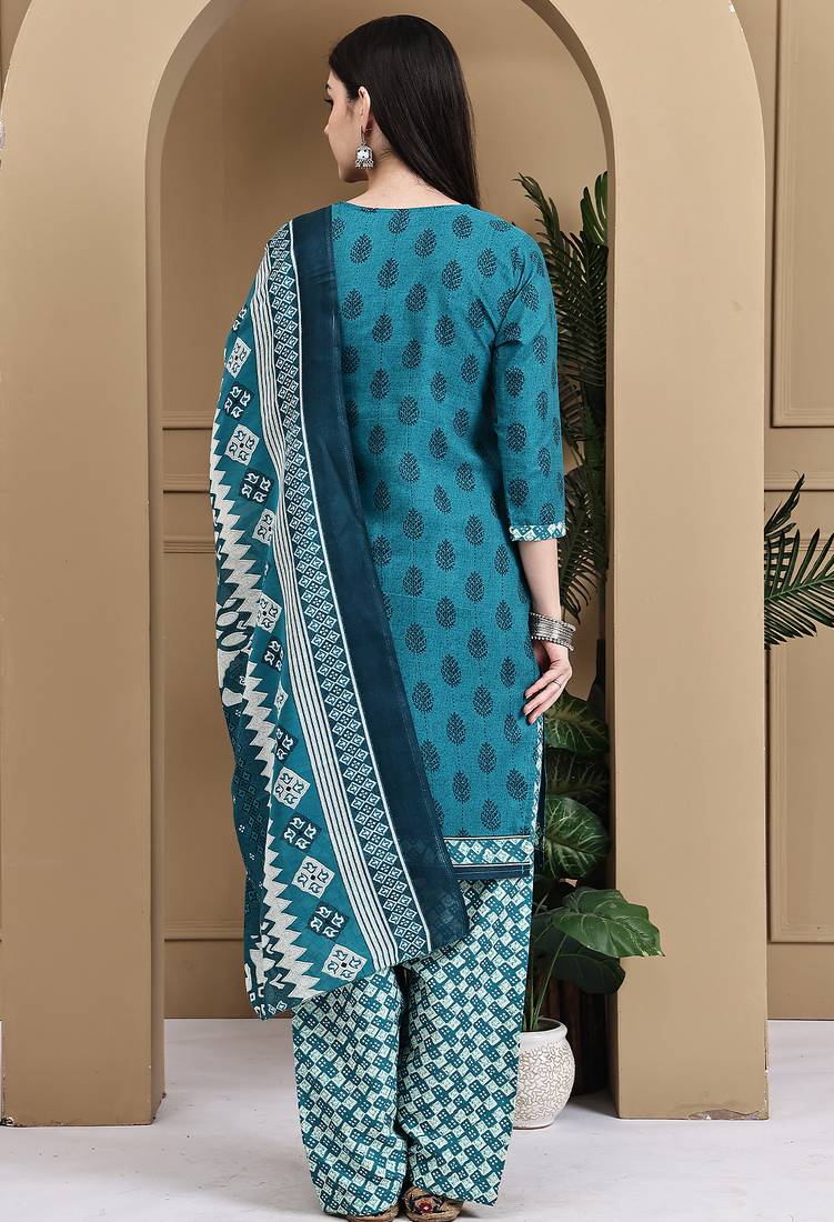 Teal green cotton blend printed ready to wear patiala salwar suit