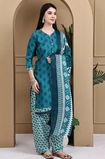 Teal green cotton blend printed ready to wear patiala salwar suit