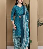 Teal green cotton blend printed ready to wear patiala salwar suit