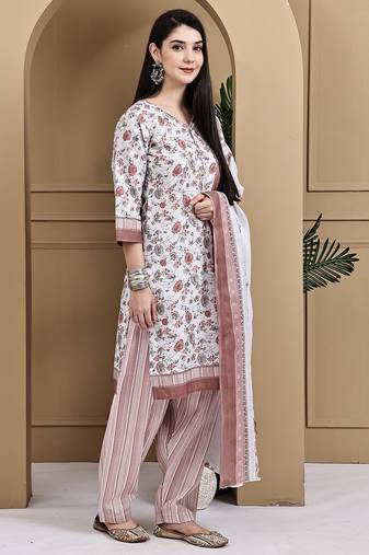 White cotton blend printed ready to wear patiala salwar suit