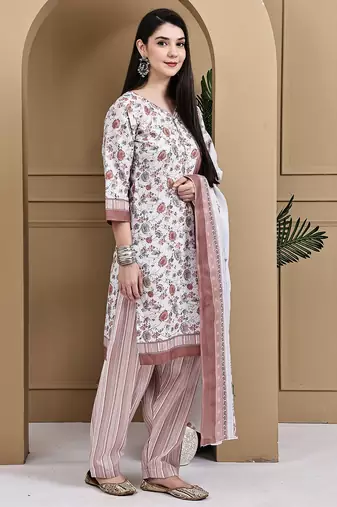 White cotton blend printed ready to wear patiala salwar suit