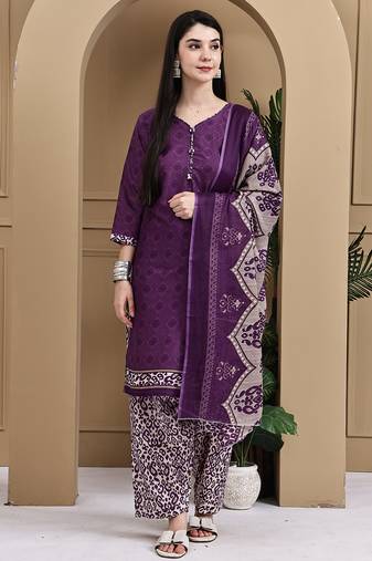 Purple cotton blend printed ready to wear patiala salwar suit
