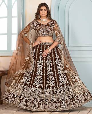 MOUSE BROWN EMBROIDERED sequin NET LEHENGA CHOLI 1