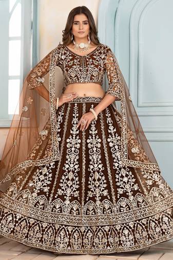 MOUSE BROWN EMBROIDERED sequin NET LEHENGA CHOLI