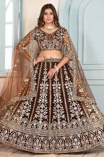 MOUSE BROWN EMBROIDERED sequin NET LEHENGA CHOLI