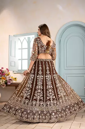 MOUSE BROWN EMBROIDERED sequin NET LEHENGA CHOLI