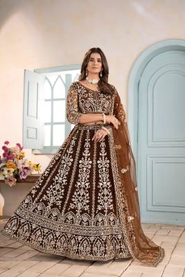 MOUSE BROWN EMBROIDERED sequin NET LEHENGA CHOLI 3