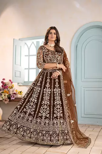MOUSE BROWN EMBROIDERED sequin NET LEHENGA CHOLI
