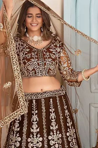 MOUSE BROWN EMBROIDERED sequin NET LEHENGA CHOLI