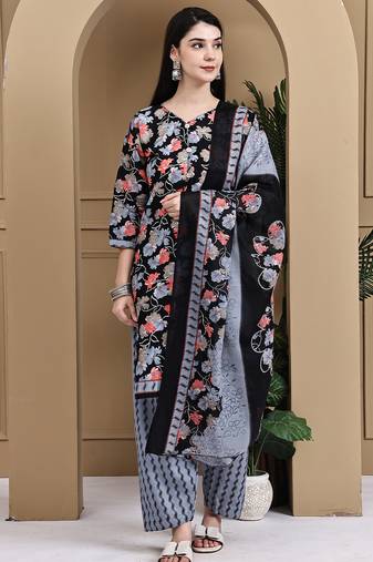Black cotton blend printed ready to wear patiala salwar suit