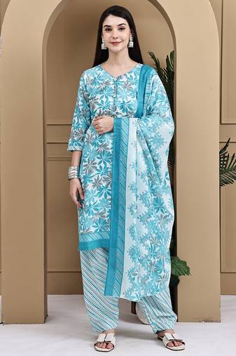 Turquoise & white cotton blend printed ready to wear patiala salwar suit